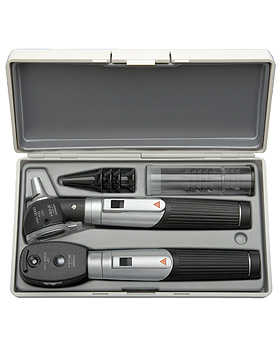 Diagnostik Set HEINE mini 3000 LED F.O., schwarz, mit 2 Batteriegriffen, Tips, Etui, Lasergravur, Heine Optotechnik, medishop.de