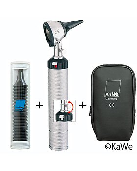 Otoskop EUROLIGHT C10, mit Schraubverschluss, inklusive Tasche und je 10 Ohrtrichtern, mit Gravu, KaWe Germany, medishop.de