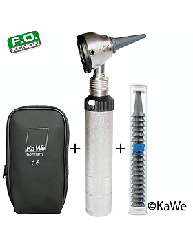 Otoskop EUROLIGHT F.O. 30, 2,5V, Set, mit Batterie-/Ladegriff, Tasche und 10 Ohrtrichtern, KaWe Germany, medishop.de
