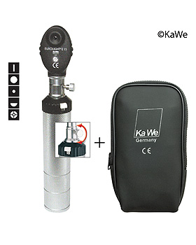 Ophthalmoskop EUROLIGHT E15 2,5 V, mit 5 Blenden und Batteriegriff, in Tasche, mit Lasergravur, KaWe Germany, medishop.de