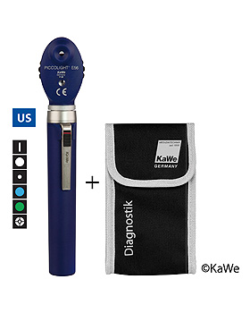 Ophthalmoskop PICCOLIGHT E56, 2,5 V, sky, Blaufilter, USA-Version, mit Lasergravur, KaWe Germany, medishop.de