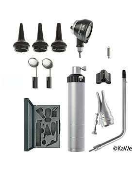 BASIC SET C10 Otoskop-Set, mit Otoskopf-Kopf COMBILIGHT C10, Zubehör und Lasergravur, KaWe Germany, medishop.de