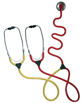 Schwestern-Lern-Stethoskop, plano rot-gelb, mit 2 Ohrbgeln, KaWe Germany, medishop.de