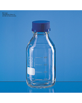 Laborflasche, Boro 3.3, 250 ml, mit Teilung, GL 45, mit Schraubkappe, 10 Stck, Brand/Merz & Co., medishop.de