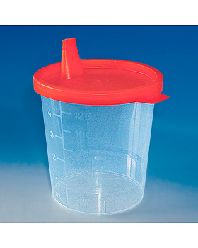 Urinbecher 125 ml mit Schnappdeckel rot im Karton, 500 Stck, ratiomed, medishop.de