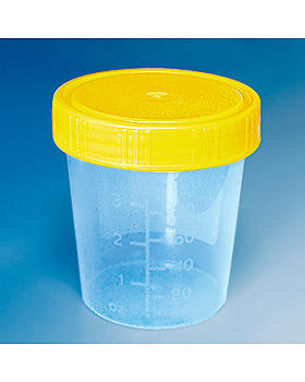 Urinbecher 100 ml mit Schraubdeckel gelb montiert, bestrahlt (5 Stck.), ratiomed, medishop.de