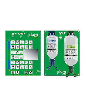 Plum Augen-Notfallstation Duo offen, 2 Flaschen mit Anleitung, Wandhalter, Plum Deutschland, medishop.de